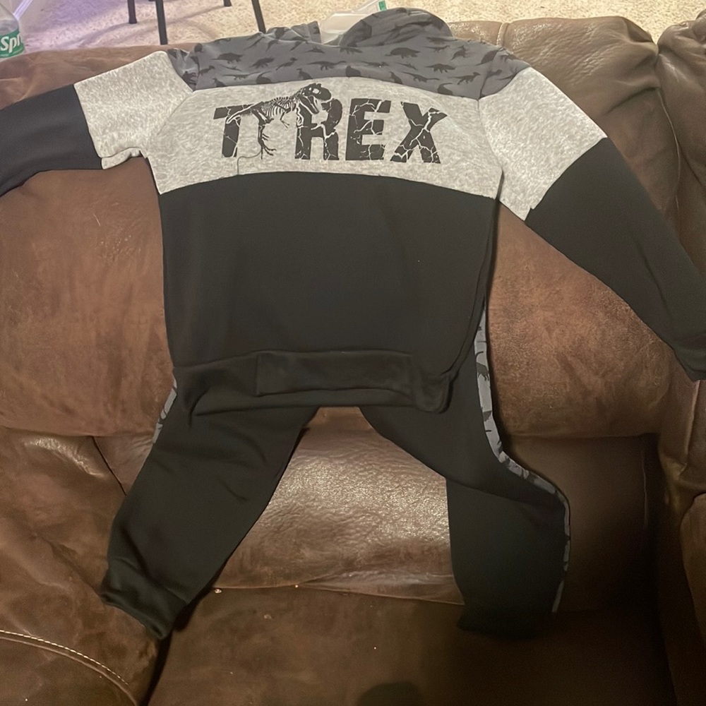 Cotton jogging suit for boys, size 5 to 6, T-Rex dinosaur shirt